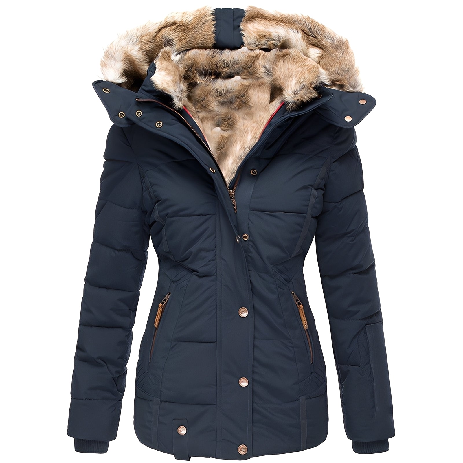Sára – Elegáns, slim-fit bunda szőrme gallérral