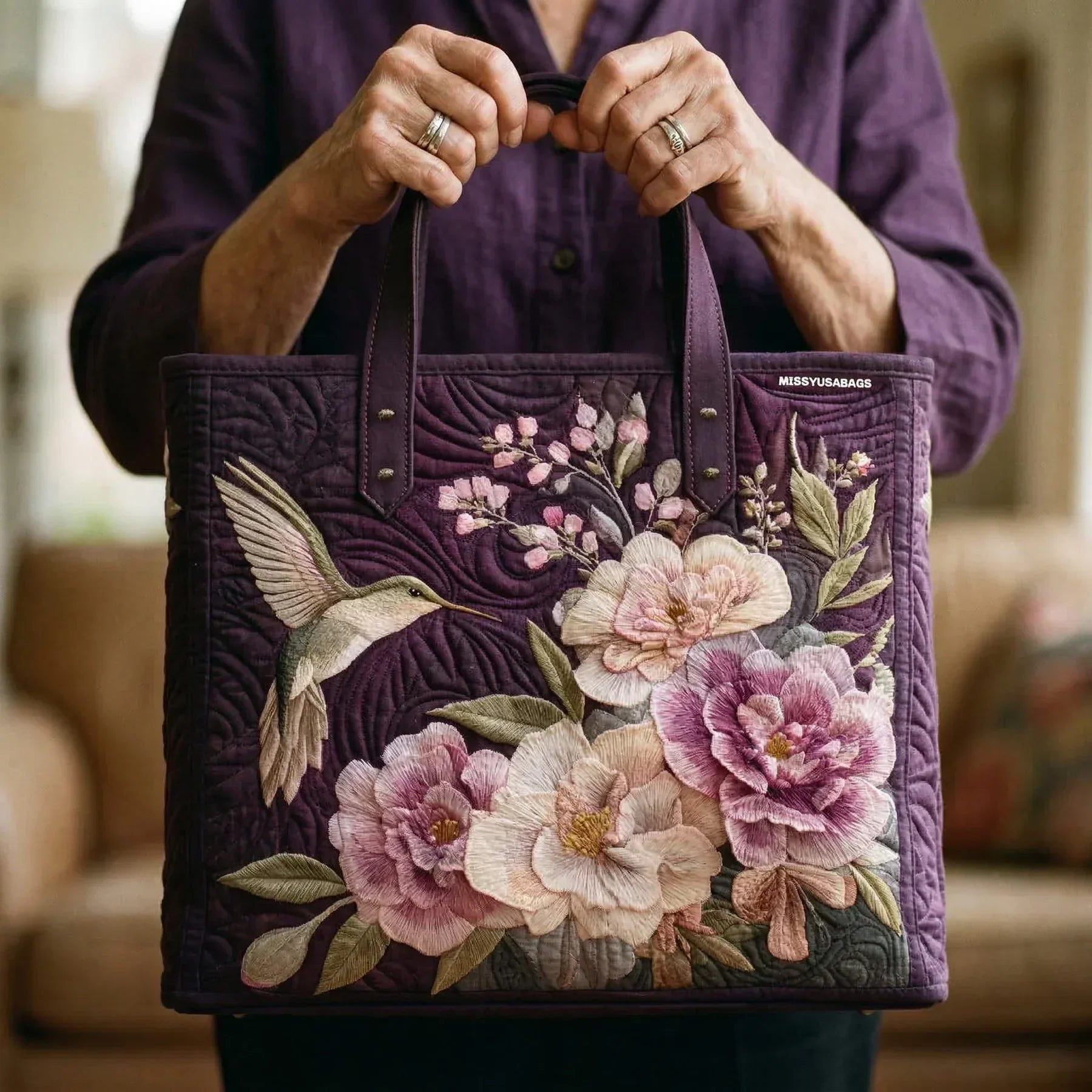 Kézzel készített steppelt táska – Kolibri és orchidea